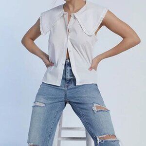 WeWoreWhat Ruffle Collar Cotton Poplin Button-Up - NWT, Optic White, XS